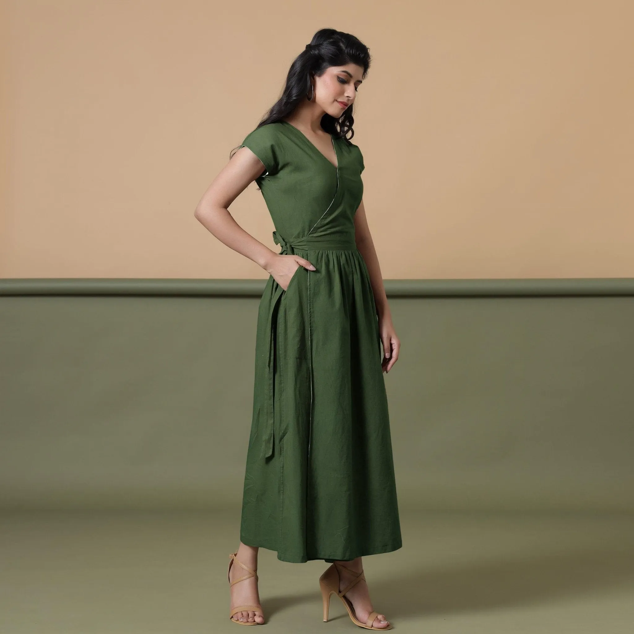 Reversible Forest Green Tie-Dye Cotton Maxi Wrap Dress