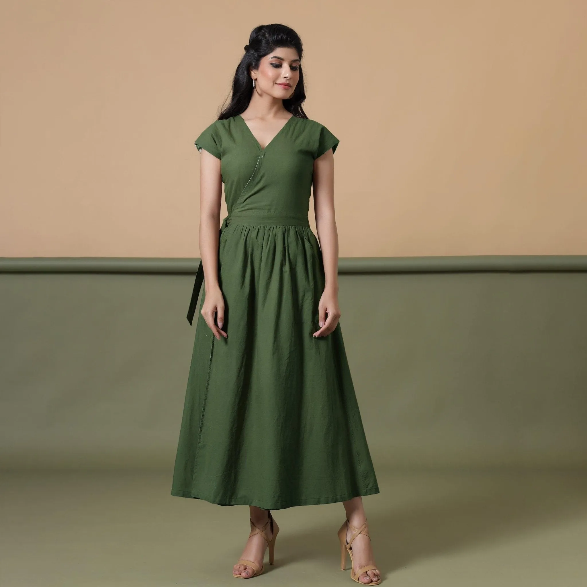 Reversible Forest Green Tie-Dye Cotton Maxi Wrap Dress