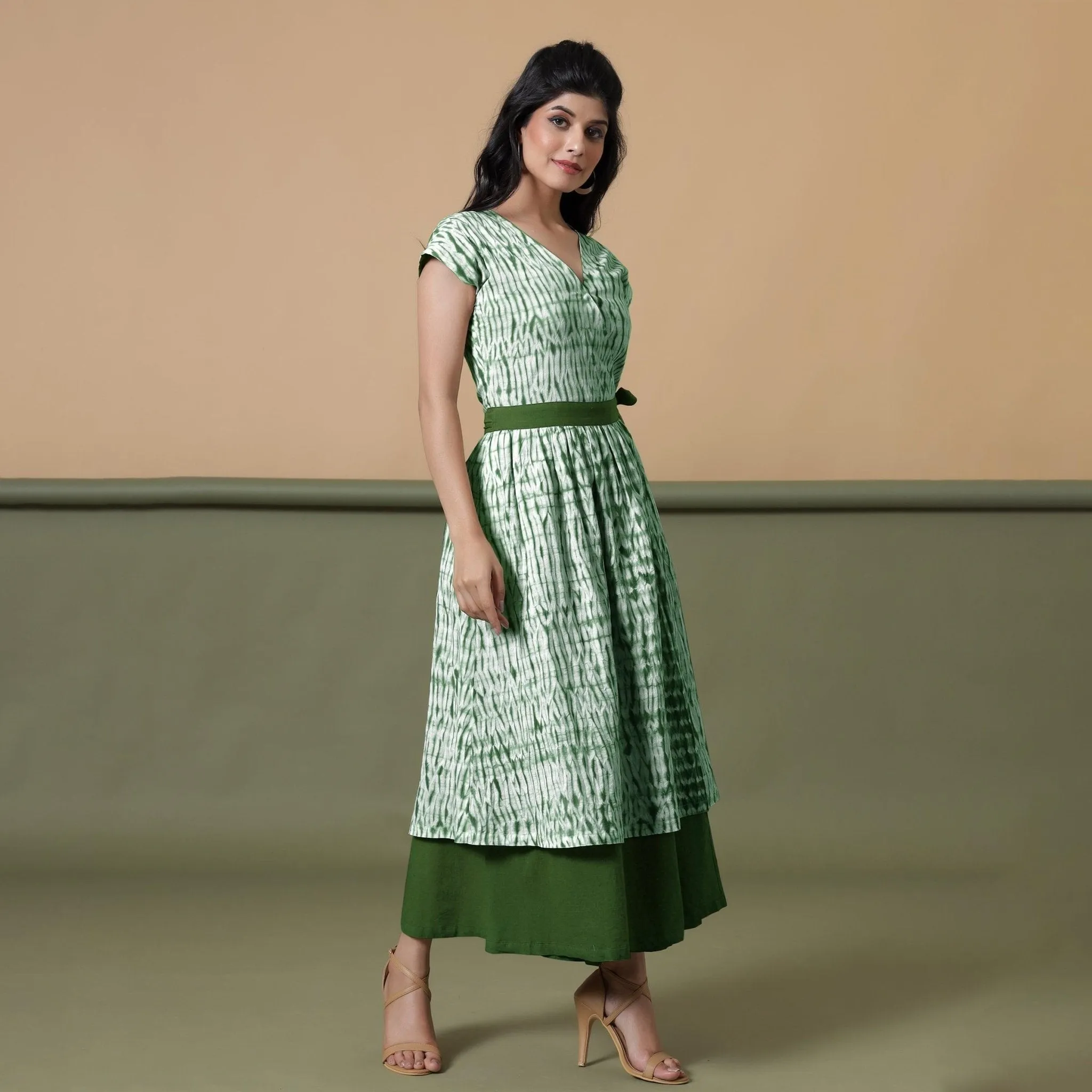 Reversible Forest Green Tie-Dye Cotton Maxi Wrap Dress