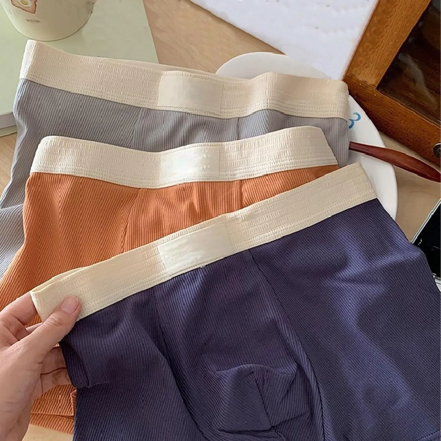 Rib Cotton Boxer Briefs for Men Casual Soft Underwear Mens Plain Breathable Boxers Ribbed Trunks Underwear