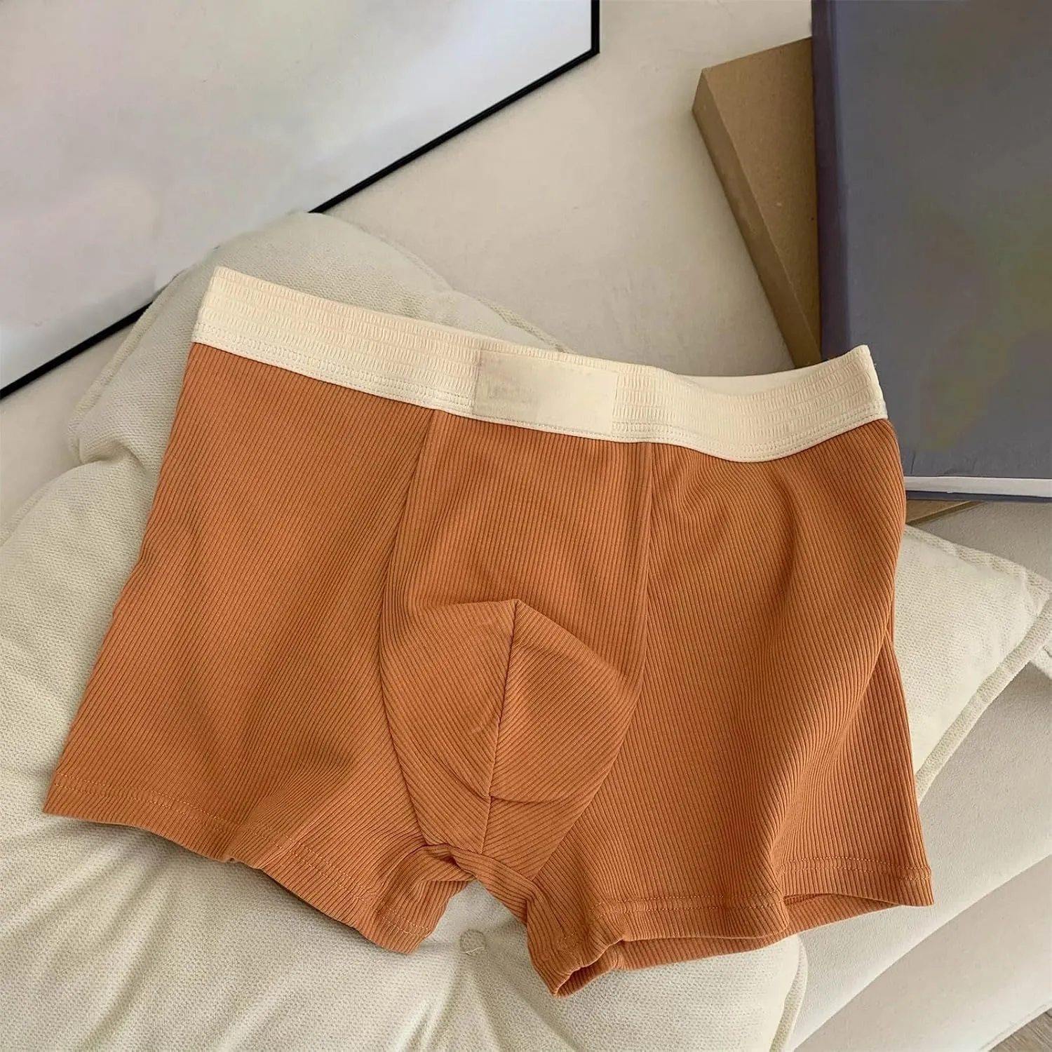 Rib Cotton Boxer Briefs for Men Casual Soft Underwear Mens Plain Breathable Boxers Ribbed Trunks Underwear