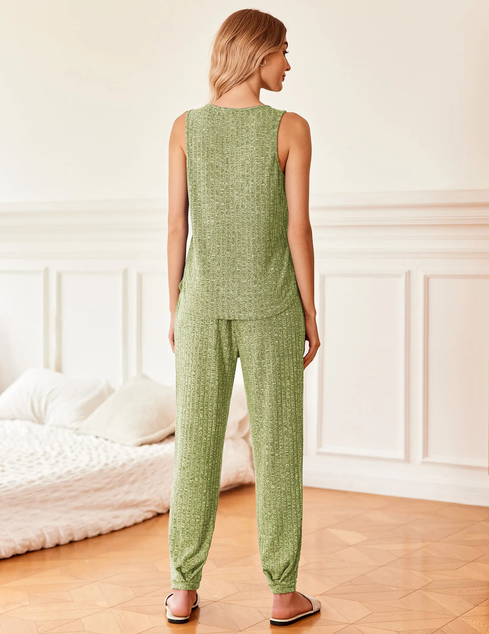 Ribbed Knit Tank Top Pants Pajama Sets (US Only)