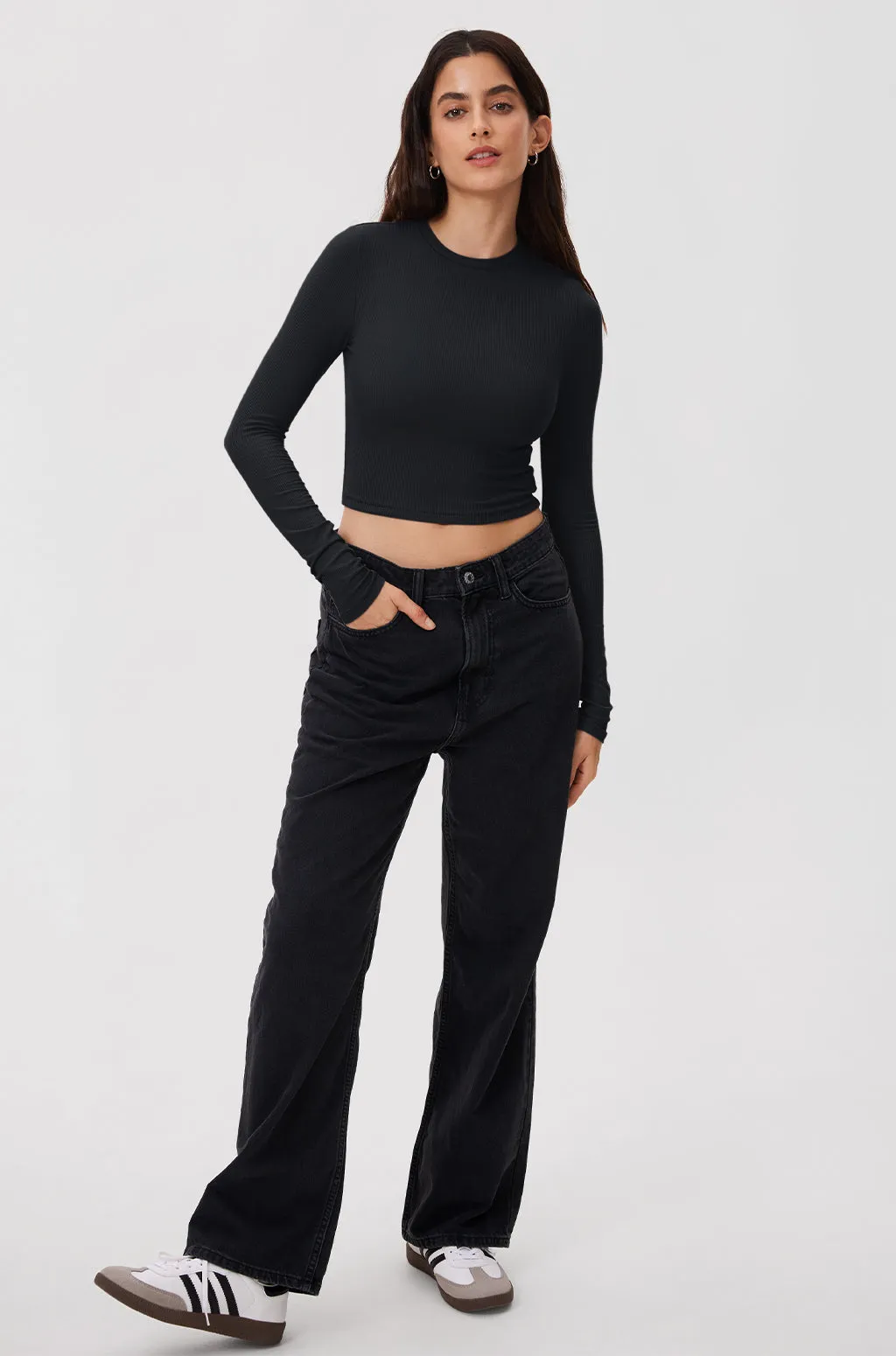 Ribbed Long Sleeve Crew Neck Crop Top