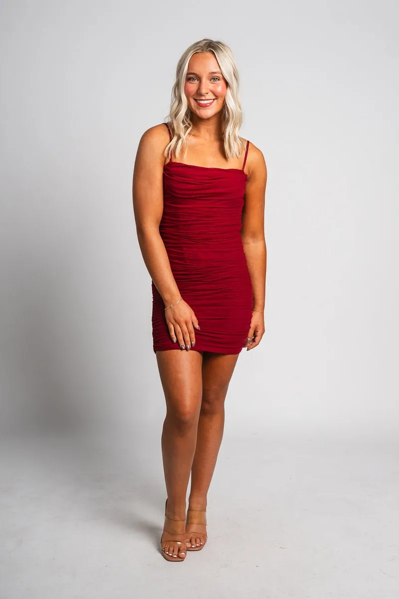 Ruched mini dress burgundy