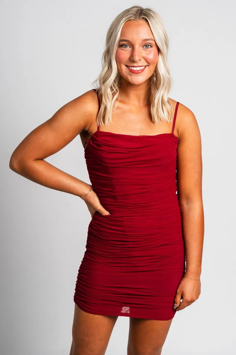 Ruched mini dress burgundy
