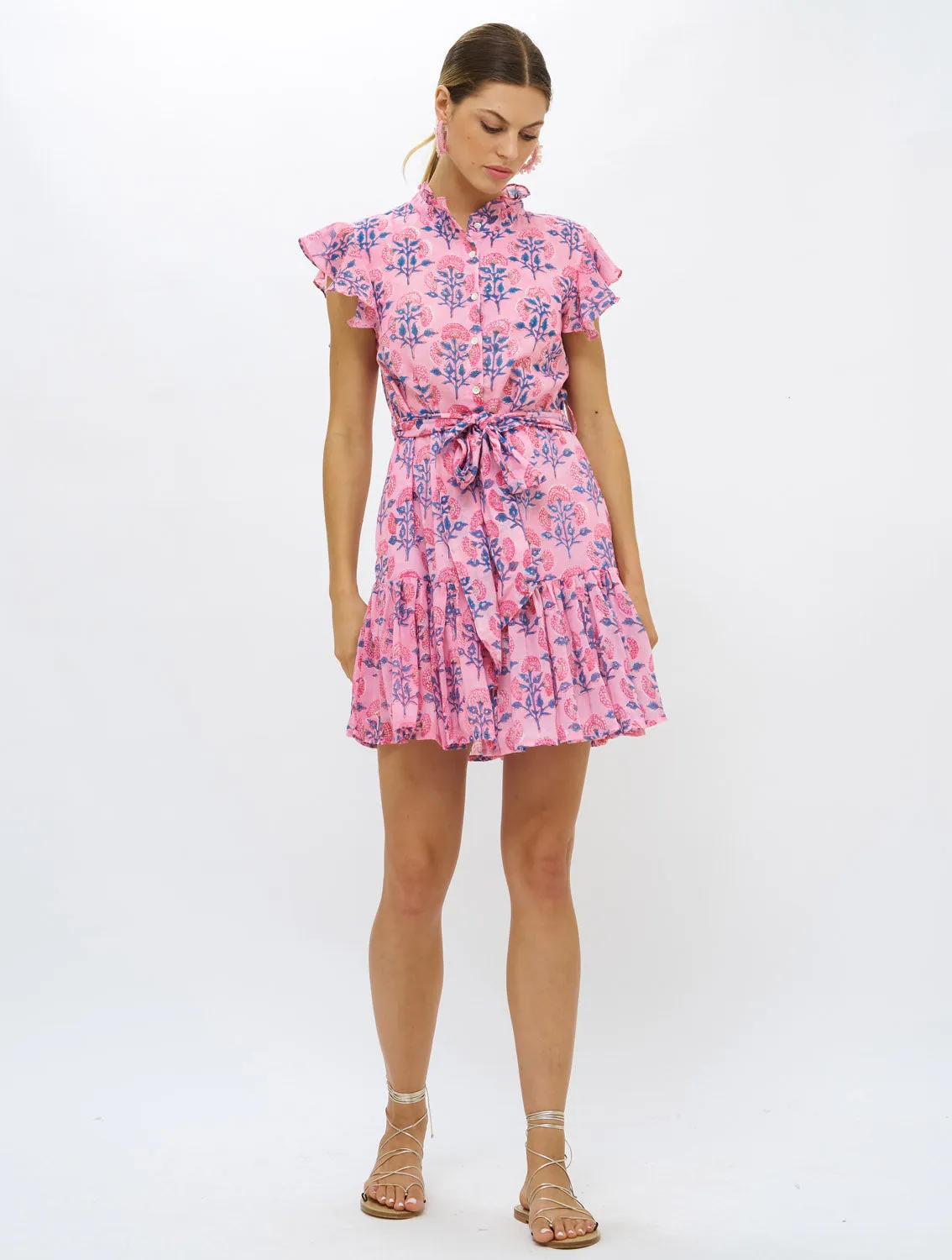 Ruffle Collar Button Mini Dress - Sconset Pink