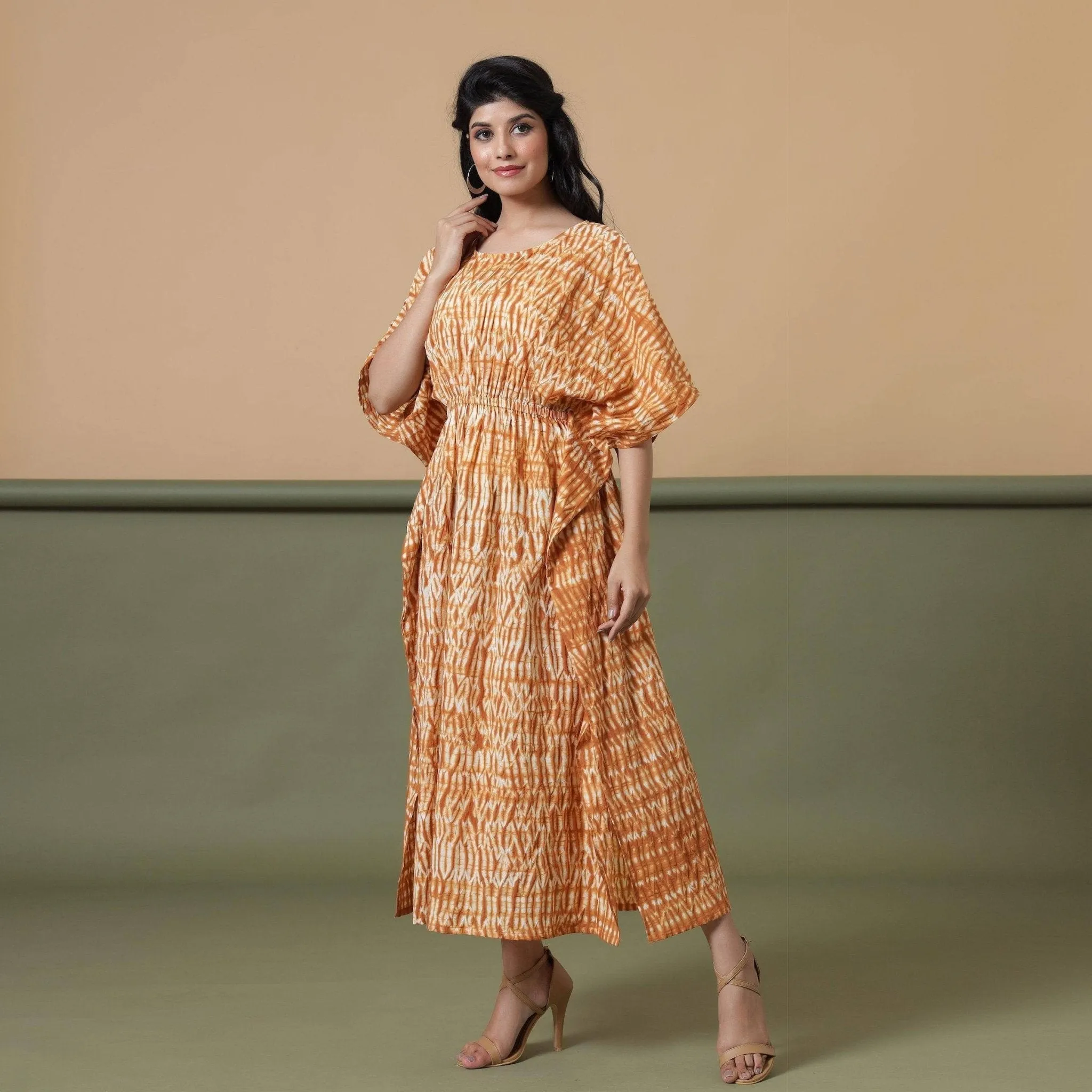 Rust Sandstone Shibori Tie-Dye Cotton Maxi Kaftan Dress