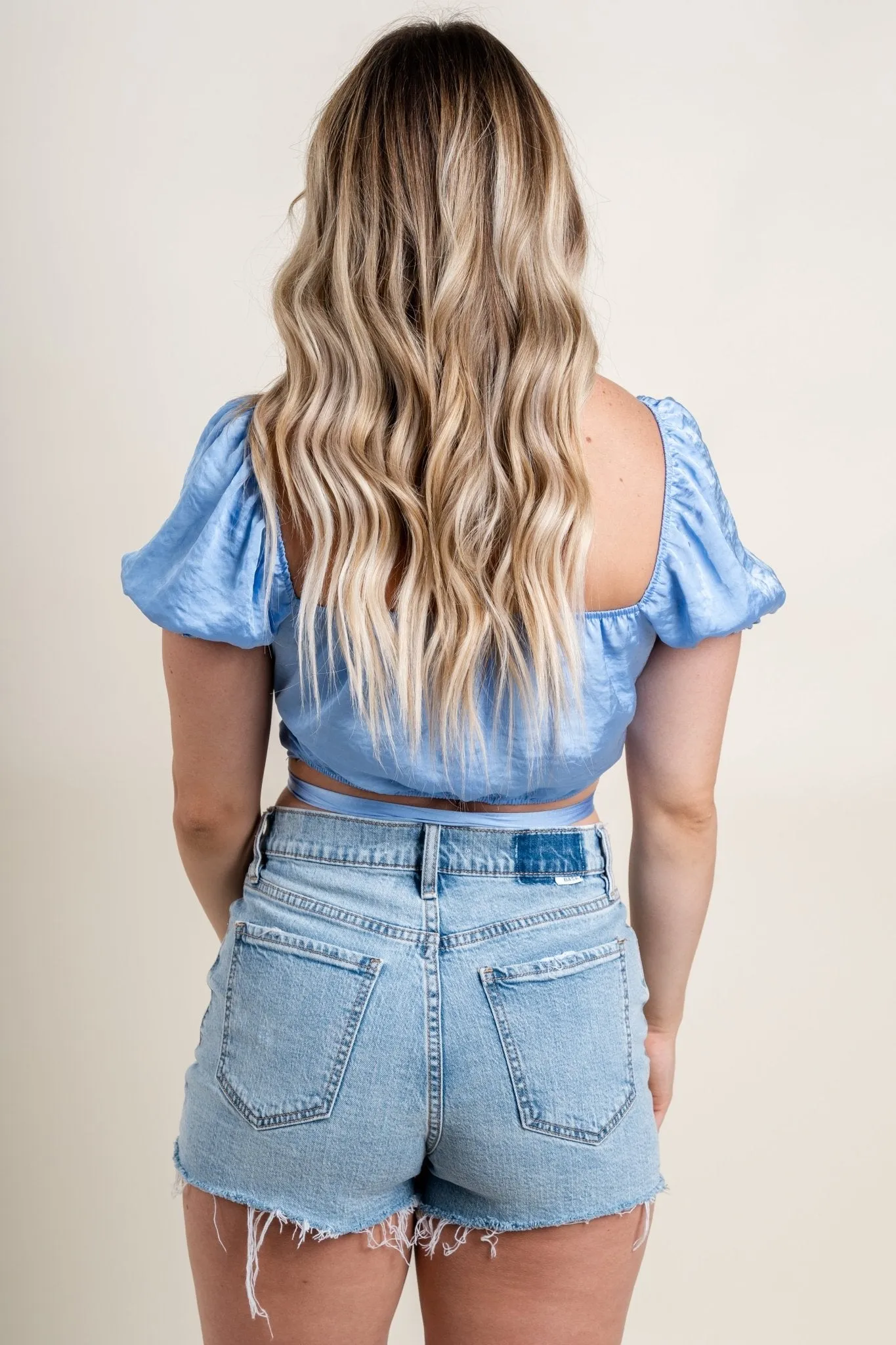 Satin tie crop top chambray