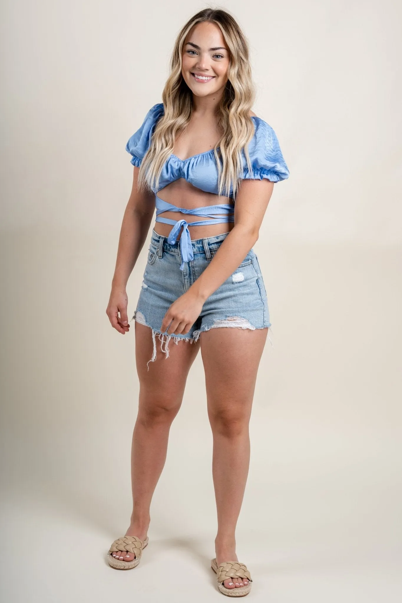 Satin tie crop top chambray