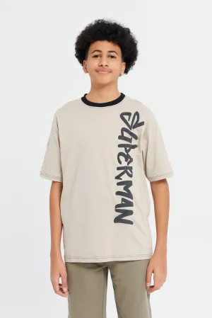 Senior Boys Beige Superman Print T-Shirt