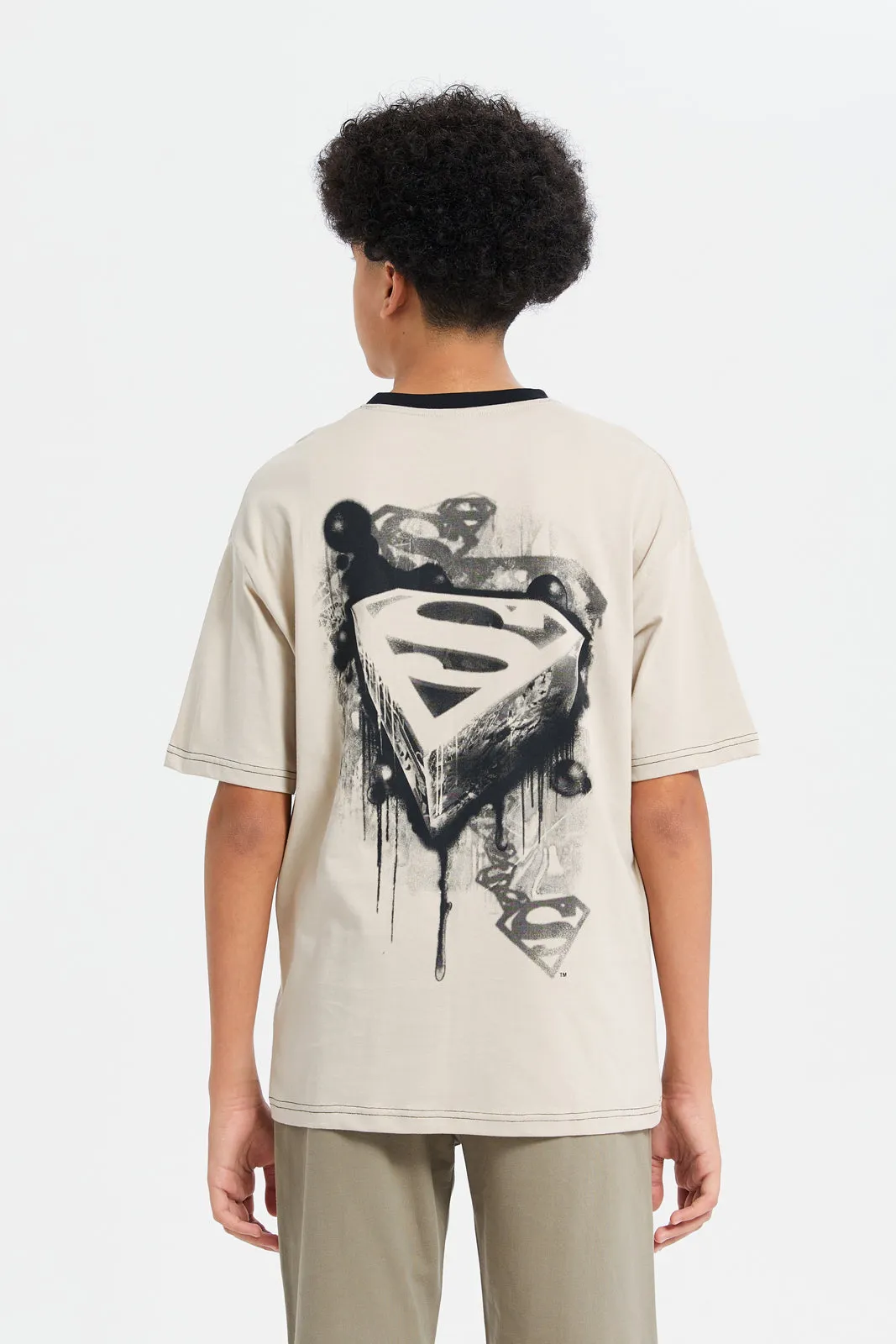 Senior Boys Beige Superman Print T-Shirt