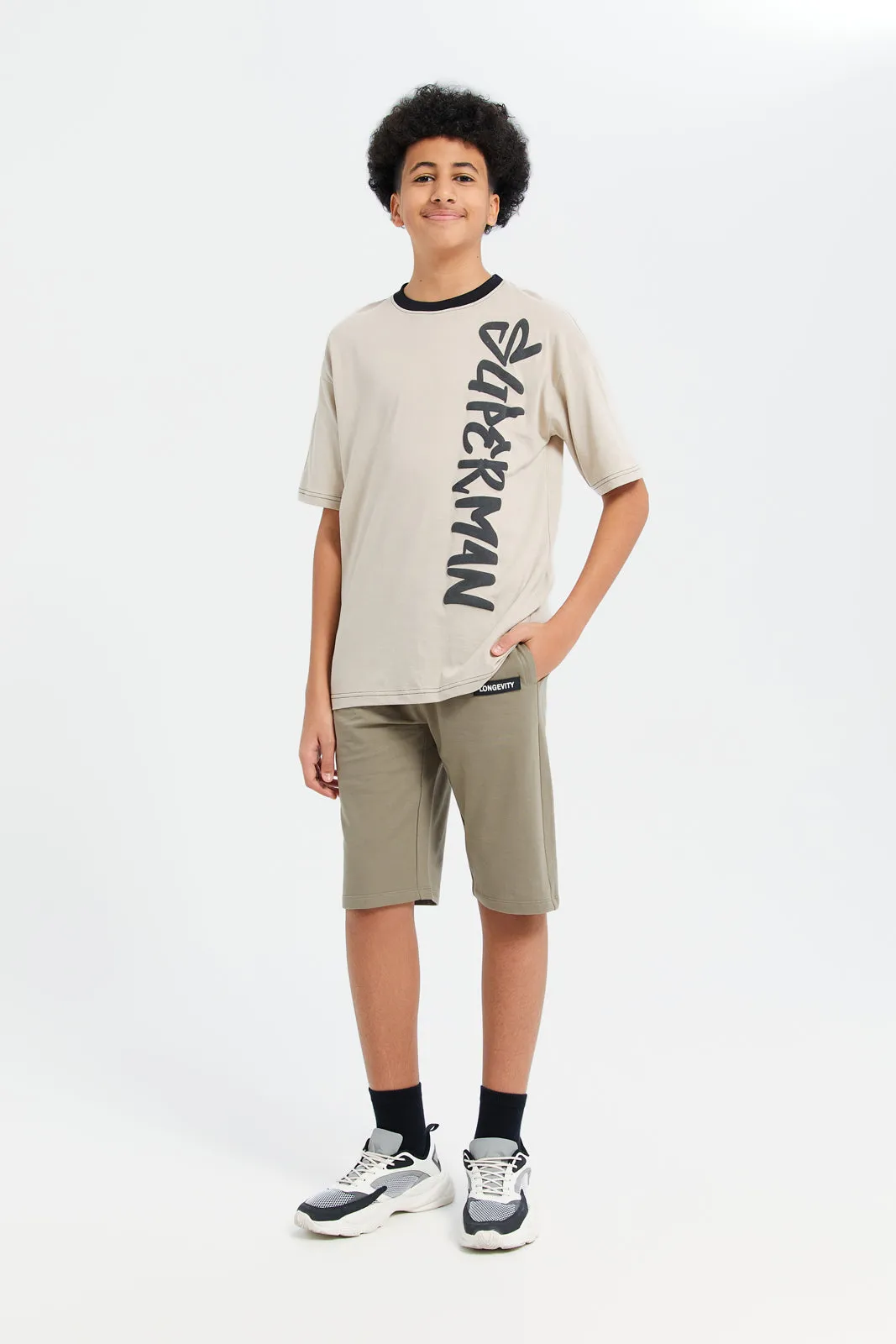 Senior Boys Beige Superman Print T-Shirt