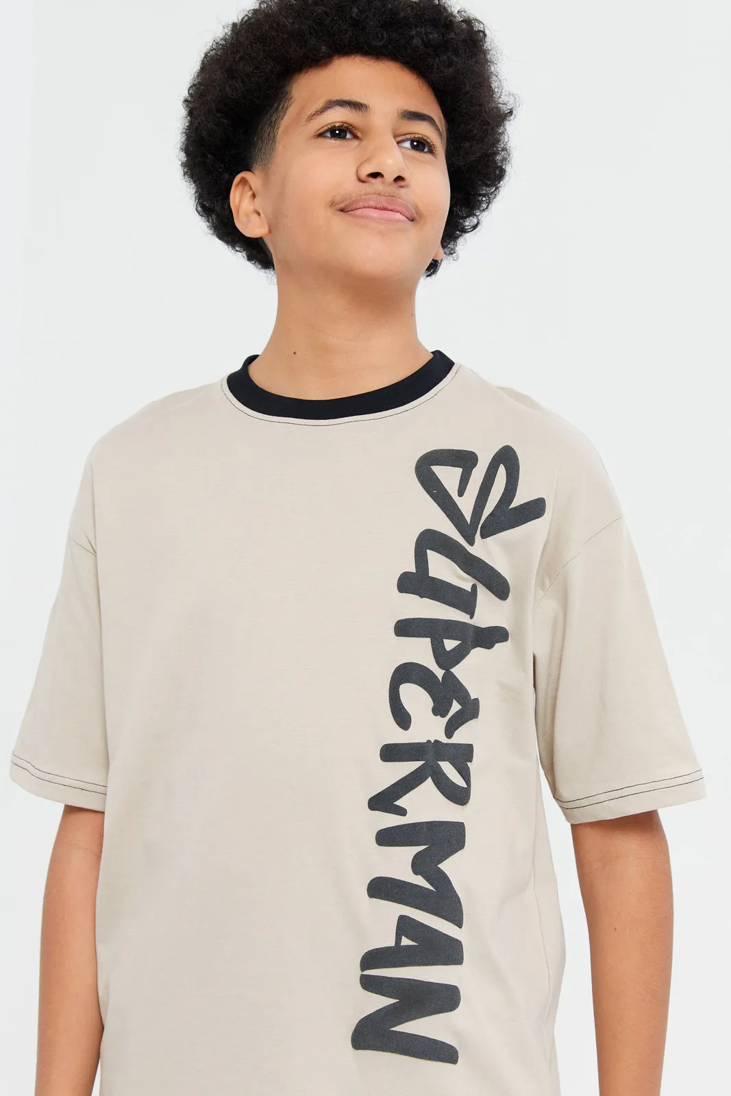 Senior Boys Beige Superman Print T-Shirt
