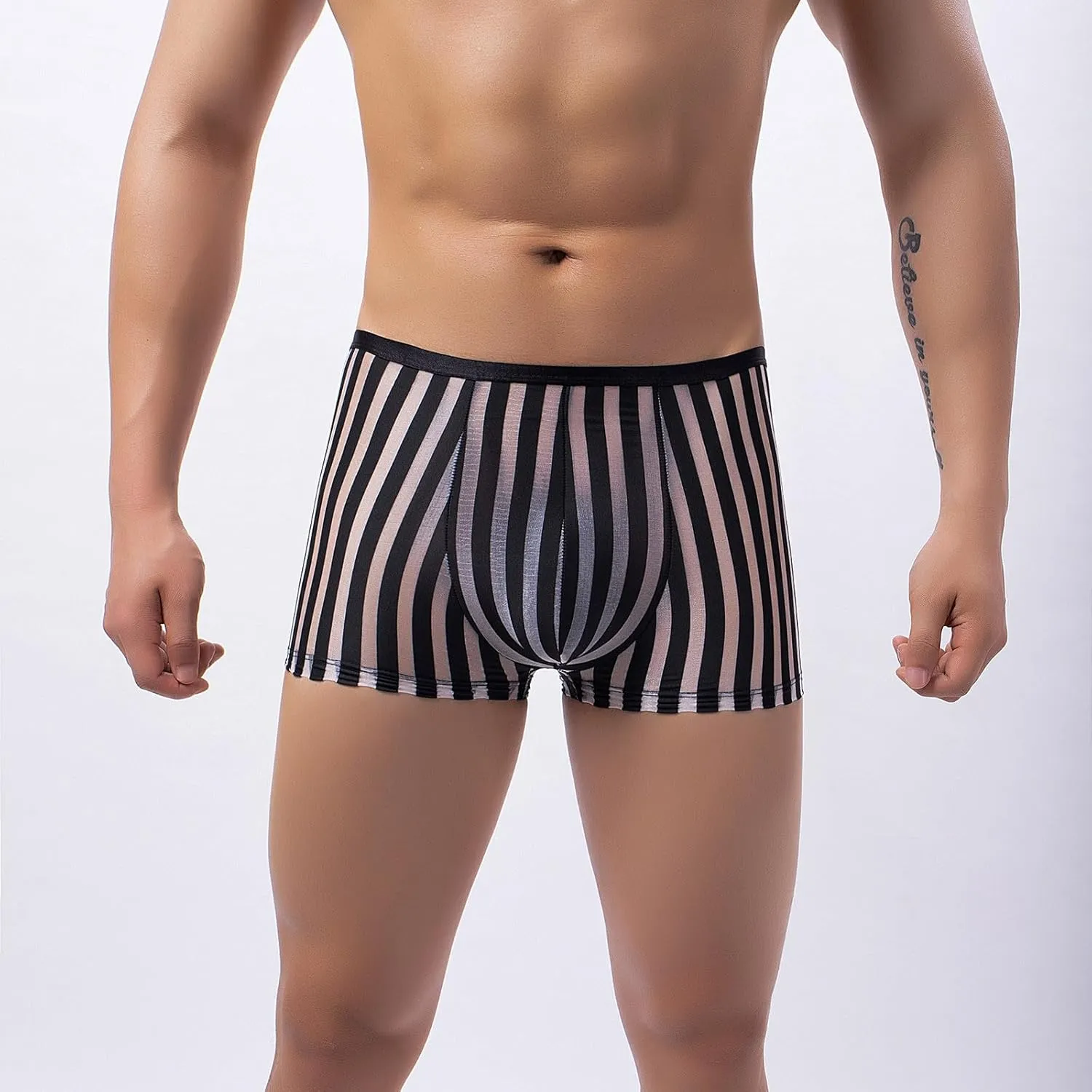 Sexy See Through Boxer Briefs for Men Striped Thin Underwear Breathable Comfort Boxers Trunks for Men