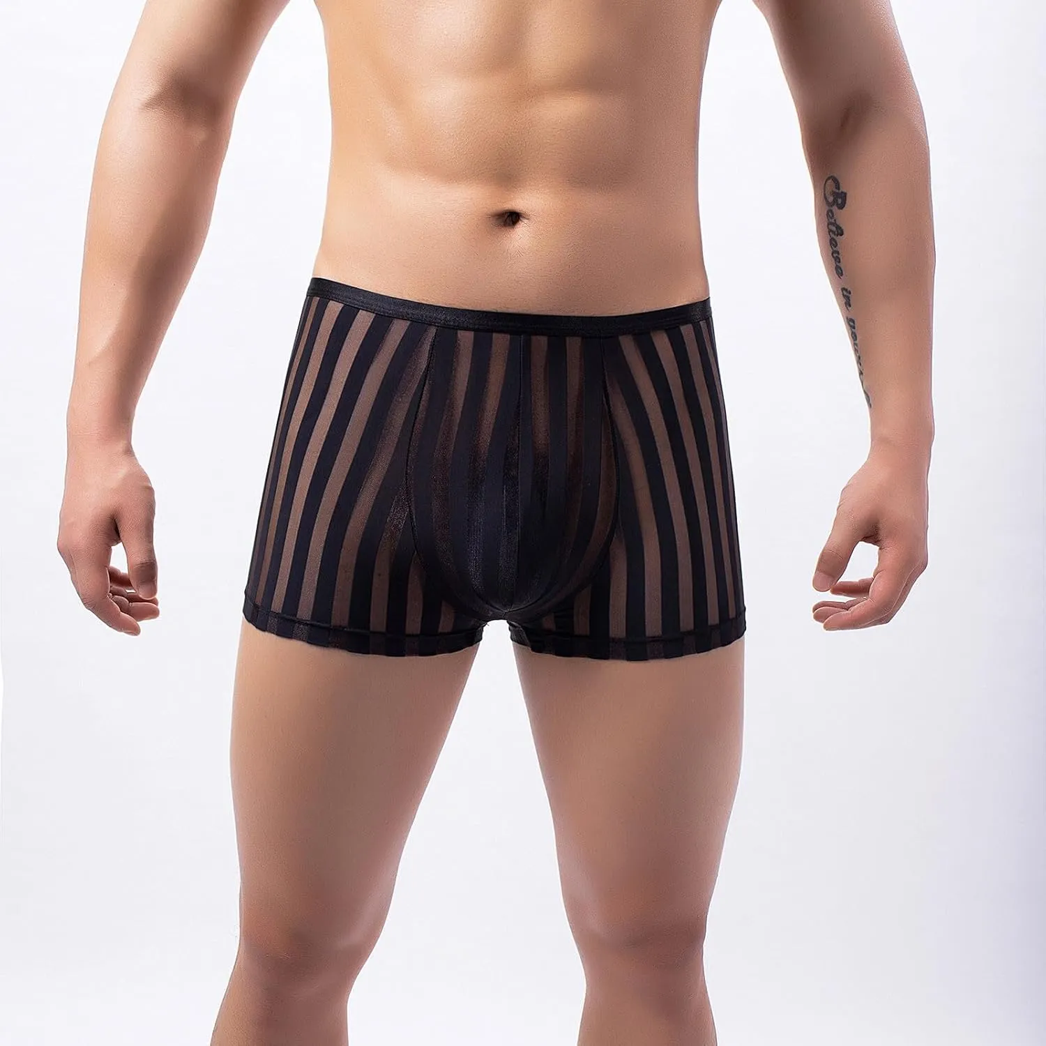 Sexy See Through Boxer Briefs for Men Striped Thin Underwear Breathable Comfort Boxers Trunks for Men