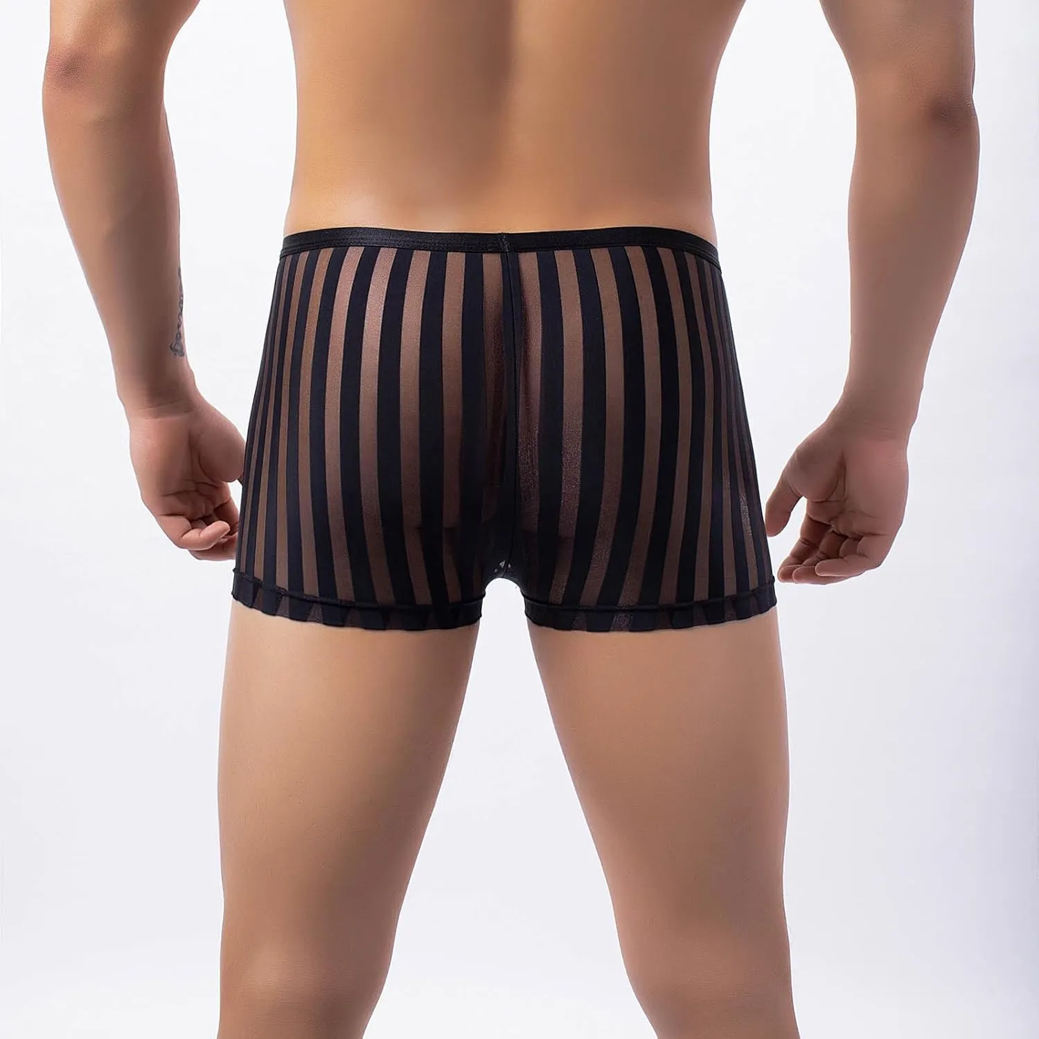 Sexy See Through Boxer Briefs for Men Striped Thin Underwear Breathable Comfort Boxers Trunks for Men