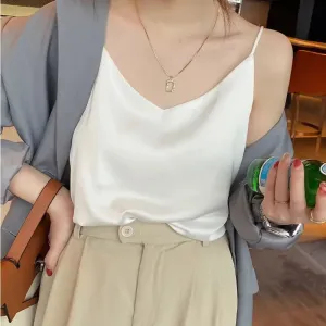 Sexy Strap Crop Top Women Halter V Neck Basic White Black Cami Sleeveless Satin Tube Tank Tops Women'S Summer Y2K Camisole