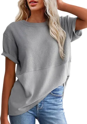 SHEWIN Womens Casual V Neck Waffle Knit Tops Short Sleeve T Shirts Loose Blouses