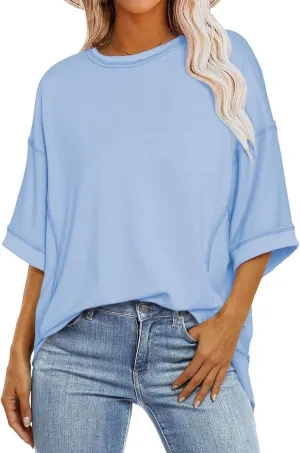 SHEWIN Women's Fashion Oversized T Shirts Casual 3/4 Sleeve Crewneck Summer Tops Tees