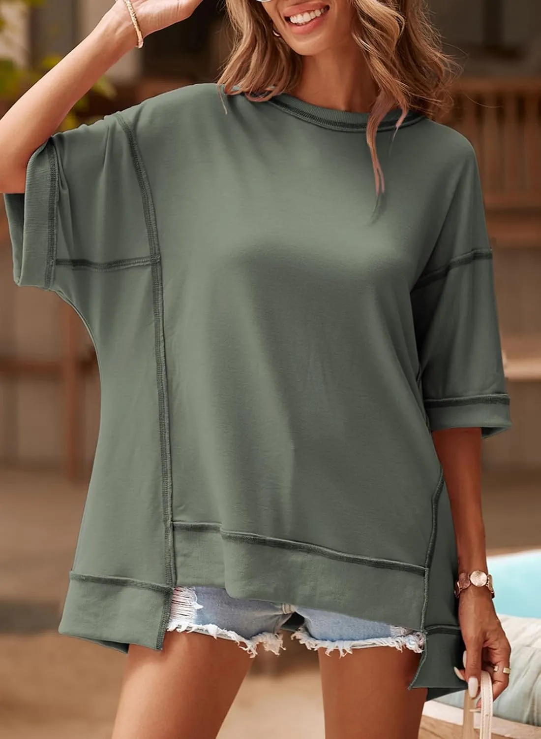 SHEWIN Women's Fashion Oversized T Shirts Casual 3/4 Sleeve Crewneck Summer Tops Tees