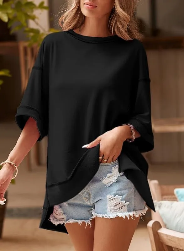 SHEWIN Women's Fashion Oversized T Shirts Casual 3/4 Sleeve Crewneck Summer Tops Tees