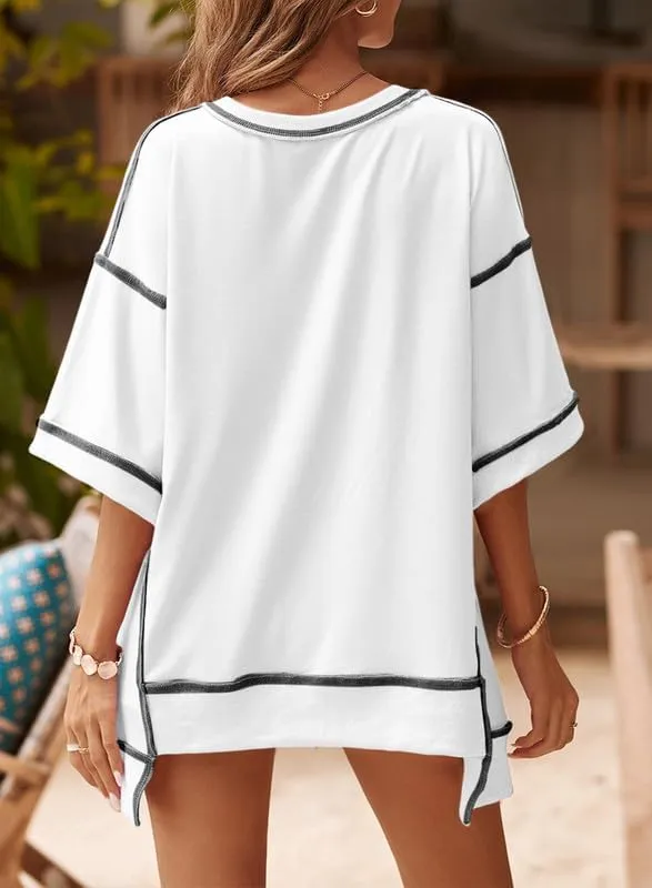 SHEWIN Women's Fashion Oversized T Shirts Casual 3/4 Sleeve Crewneck Summer Tops Tees