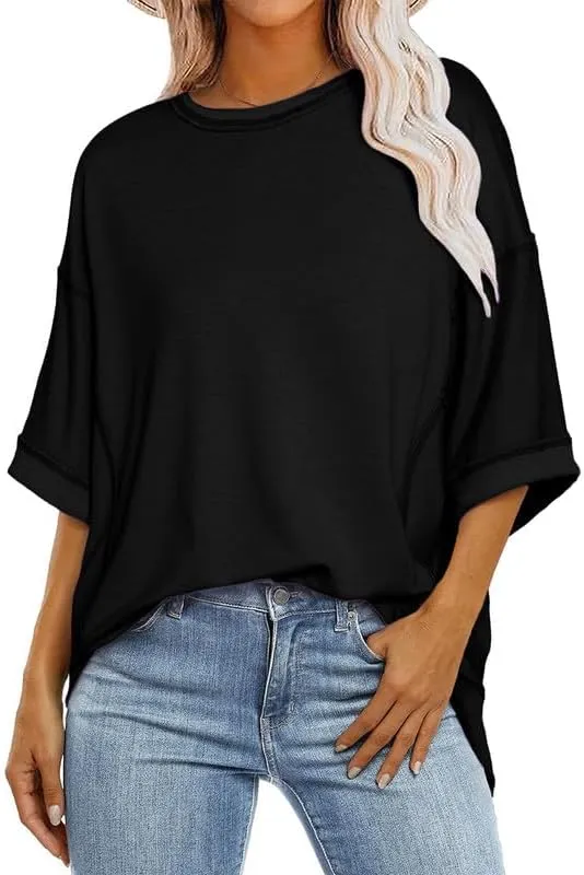 SHEWIN Women's Fashion Oversized T Shirts Casual 3/4 Sleeve Crewneck Summer Tops Tees
