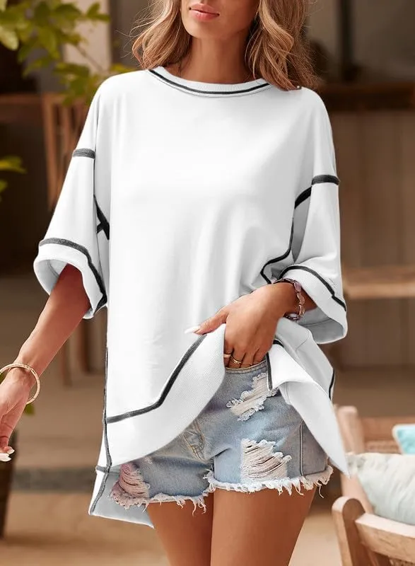 SHEWIN Women's Fashion Oversized T Shirts Casual 3/4 Sleeve Crewneck Summer Tops Tees