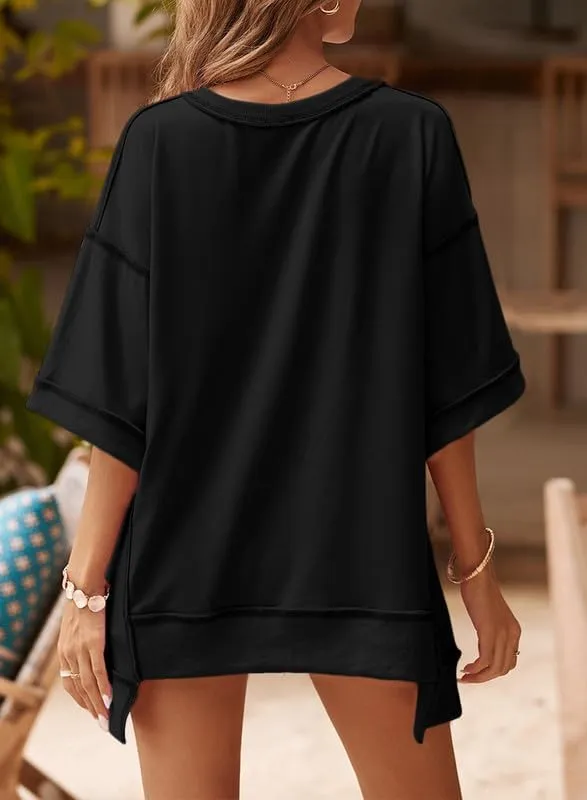SHEWIN Women's Fashion Oversized T Shirts Casual 3/4 Sleeve Crewneck Summer Tops Tees