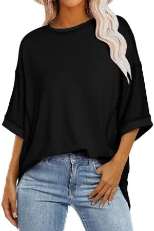 SHEWIN Women's Fashion Oversized T Shirts Casual 3/4 Sleeve Crewneck Summer Tops Tees