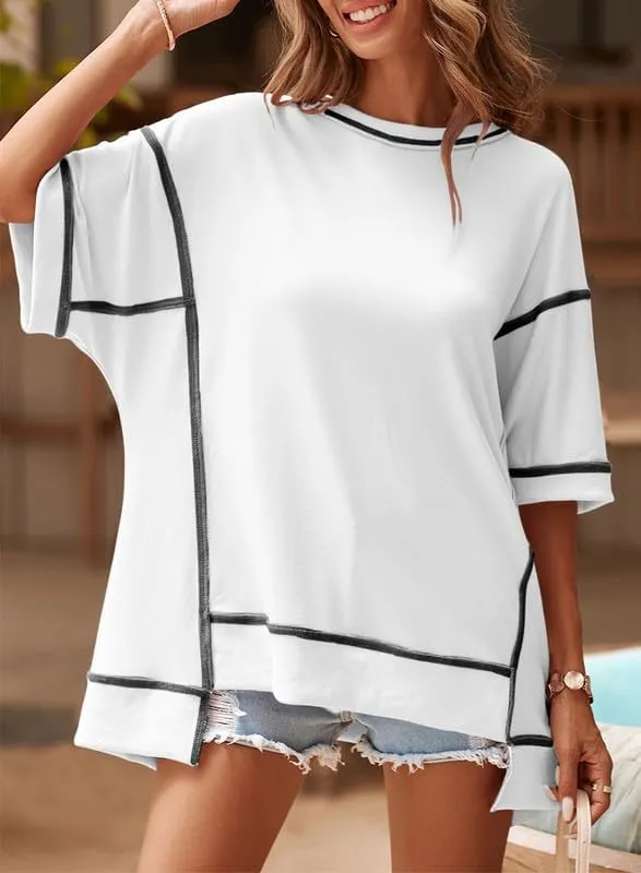 SHEWIN Women's Fashion Oversized T Shirts Casual 3/4 Sleeve Crewneck Summer Tops Tees