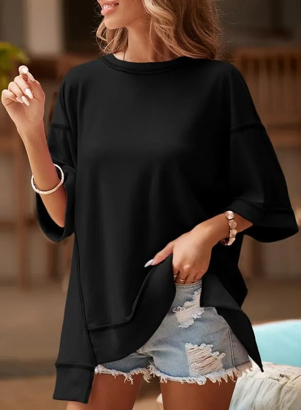 SHEWIN Women's Fashion Oversized T Shirts Casual 3/4 Sleeve Crewneck Summer Tops Tees