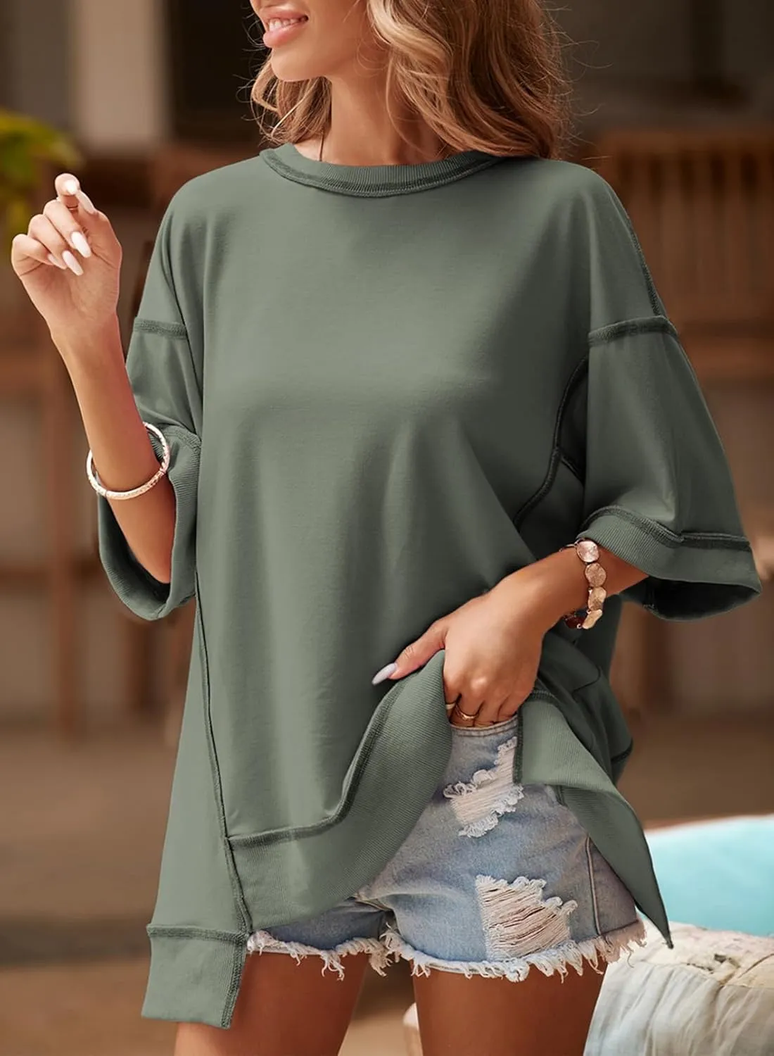 SHEWIN Women's Fashion Oversized T Shirts Casual 3/4 Sleeve Crewneck Summer Tops Tees