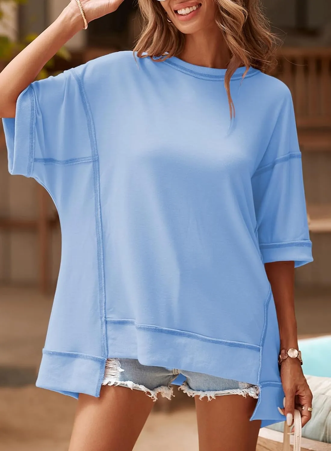 SHEWIN Women's Fashion Oversized T Shirts Casual 3/4 Sleeve Crewneck Summer Tops Tees