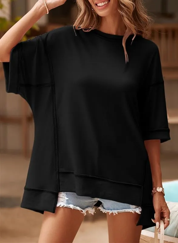 SHEWIN Women's Fashion Oversized T Shirts Casual 3/4 Sleeve Crewneck Summer Tops Tees