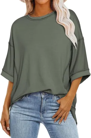 SHEWIN Women's Fashion Oversized T Shirts Casual 3/4 Sleeve Crewneck Summer Tops Tees