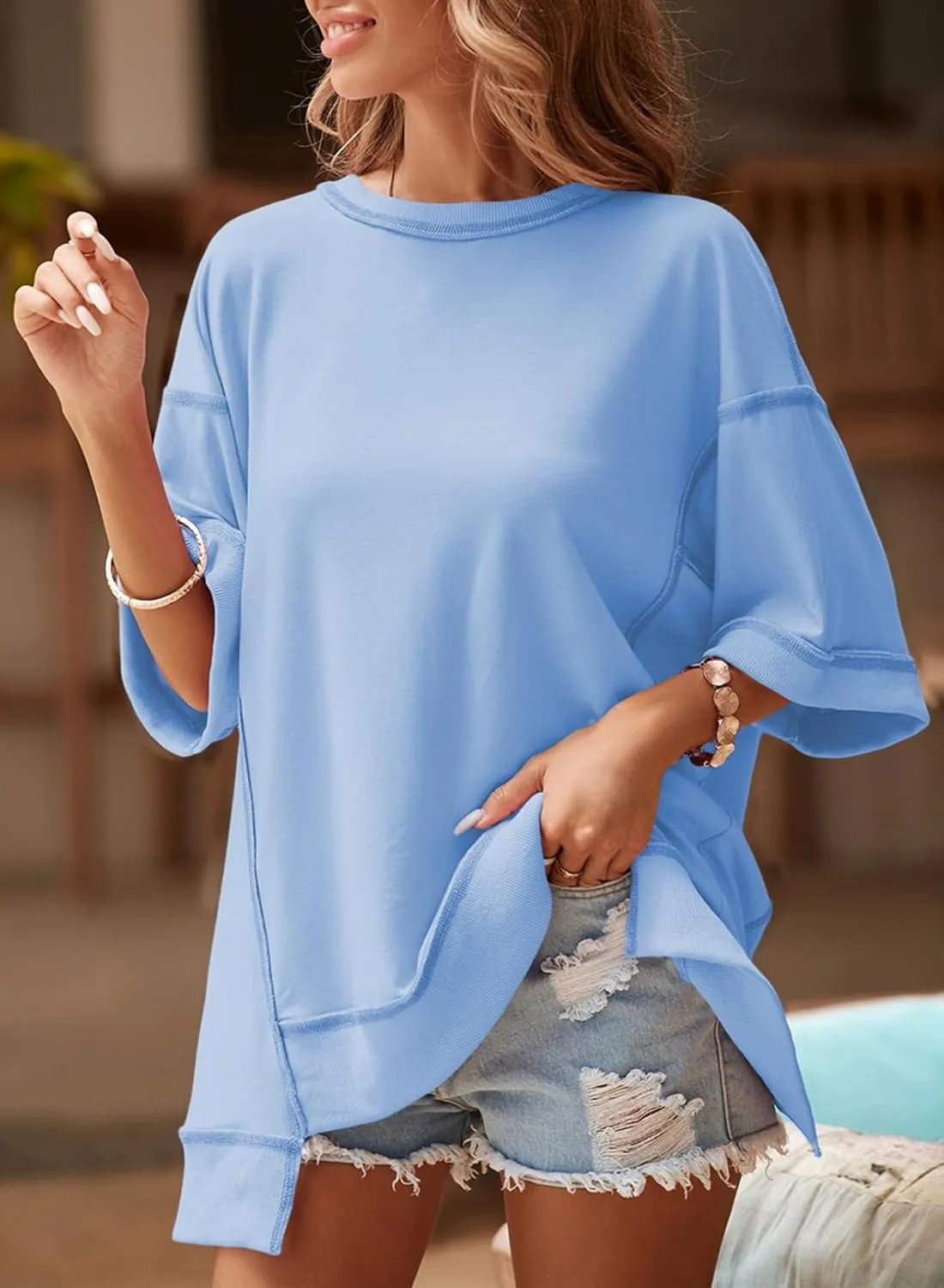 SHEWIN Women's Fashion Oversized T Shirts Casual 3/4 Sleeve Crewneck Summer Tops Tees