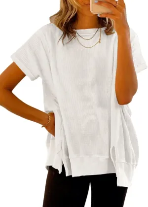 SHEWIN Women's T Shirts Casual Crewneck Waffle Knit Tunic Tops Loose Short Sleeve Shirt Blouse