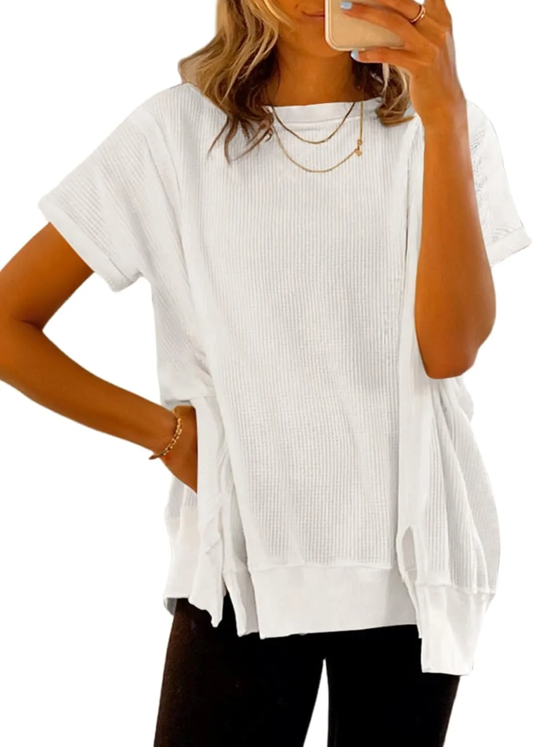 SHEWIN Women's T Shirts Casual Crewneck Waffle Knit Tunic Tops Loose Short Sleeve Shirt Blouse