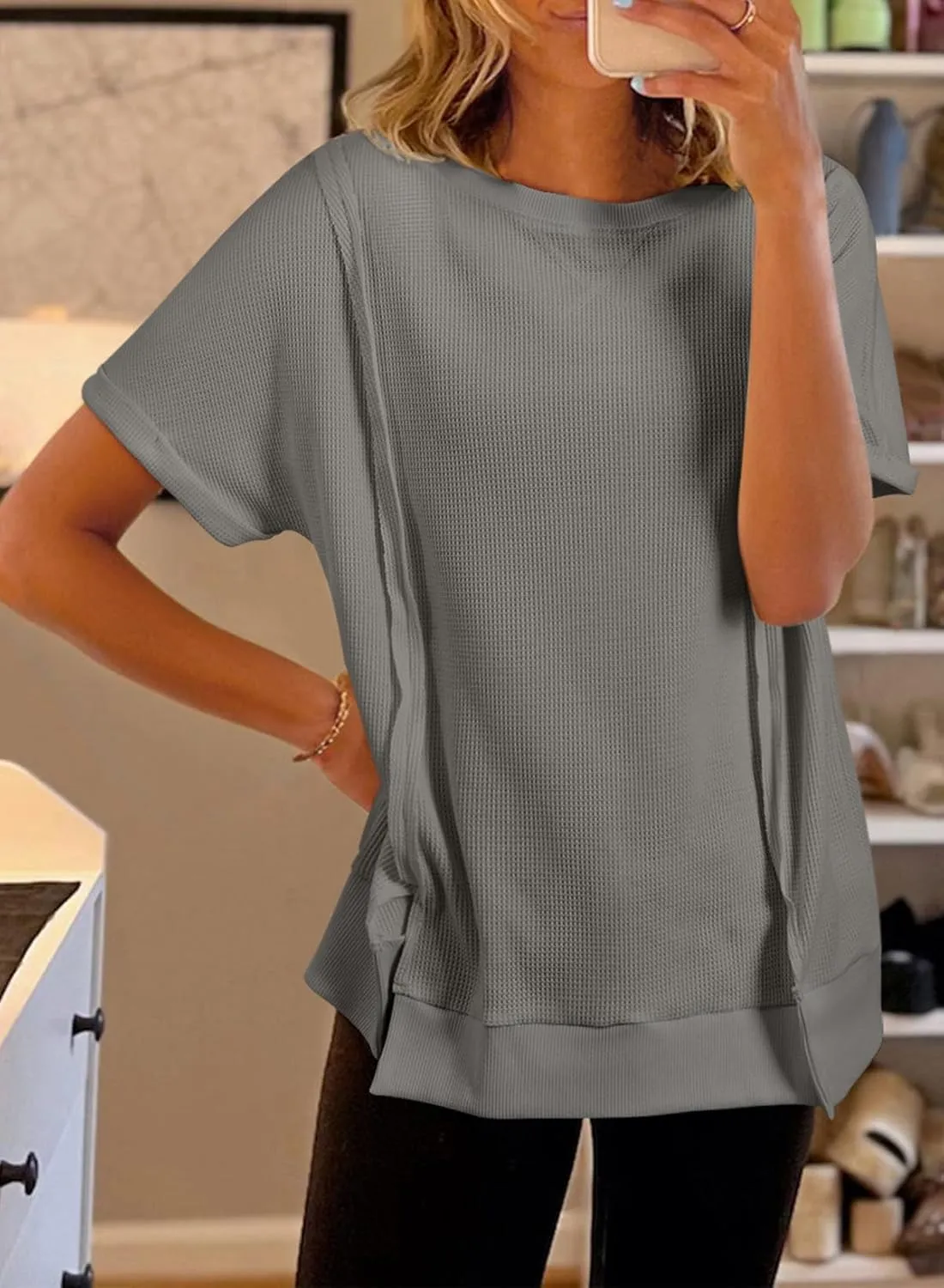 SHEWIN Women's T Shirts Casual Crewneck Waffle Knit Tunic Tops Loose Short Sleeve Shirt Blouse
