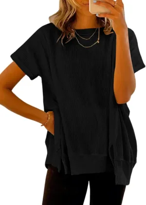 SHEWIN Women's T Shirts Casual Crewneck Waffle Knit Tunic Tops Loose Short Sleeve Shirt Blouse