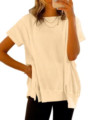SHEWIN Women's T Shirts Casual Crewneck Waffle Knit Tunic Tops Loose Short Sleeve Shirt Blouse