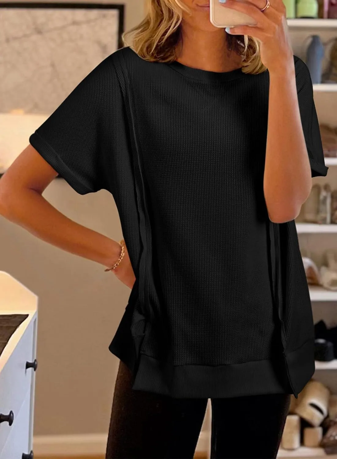 SHEWIN Women's T Shirts Casual Crewneck Waffle Knit Tunic Tops Loose Short Sleeve Shirt Blouse