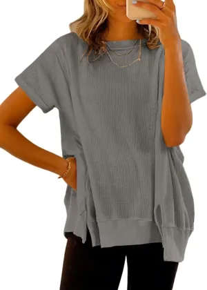 SHEWIN Women's T Shirts Casual Crewneck Waffle Knit Tunic Tops Loose Short Sleeve Shirt Blouse