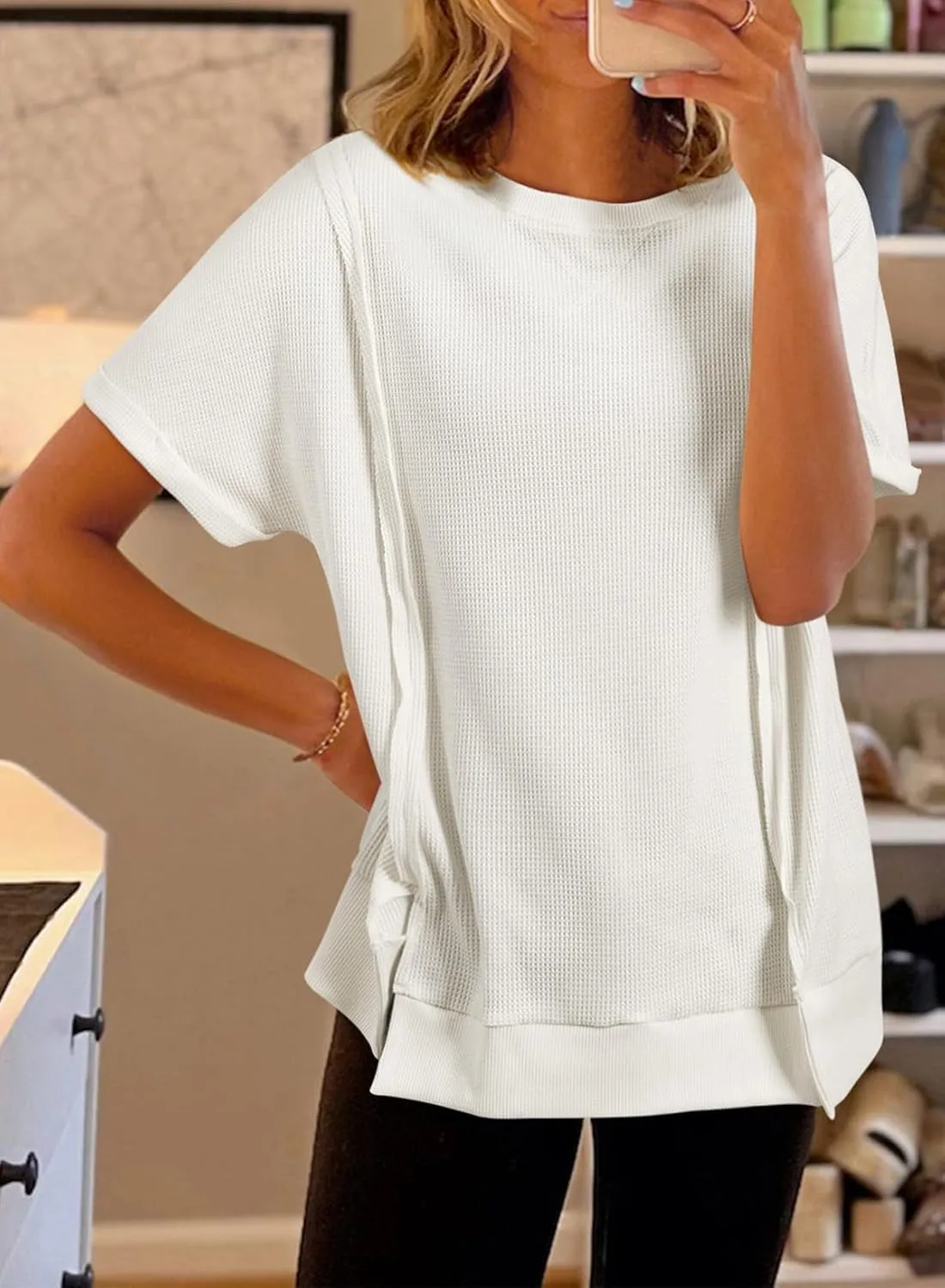 SHEWIN Women's T Shirts Casual Crewneck Waffle Knit Tunic Tops Loose Short Sleeve Shirt Blouse