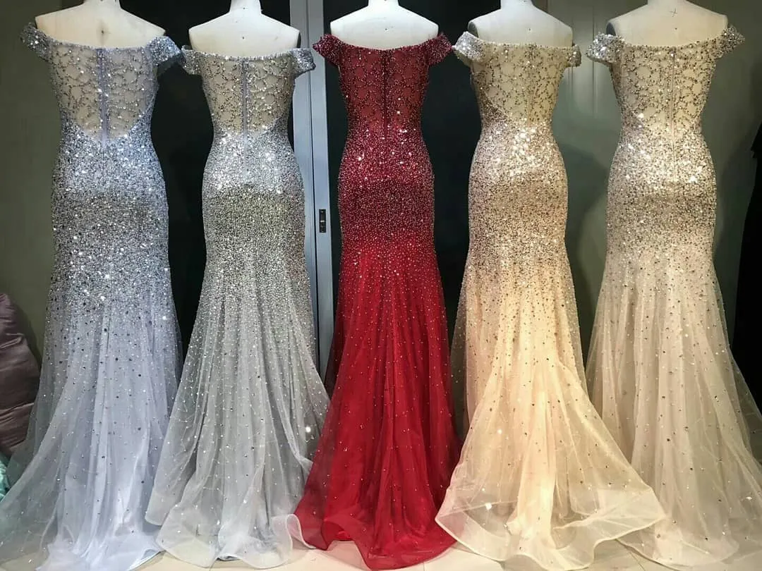 Shining Tulle Off-the-shoulder Neckline Mermaid Evening Dresses PD238