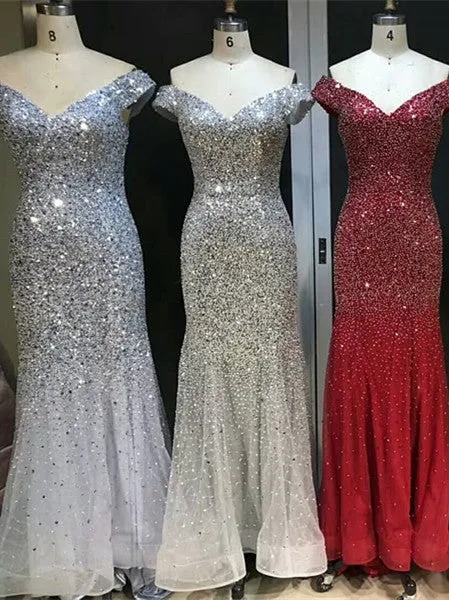 Shining Tulle Off-the-shoulder Neckline Mermaid Evening Dresses PD238
