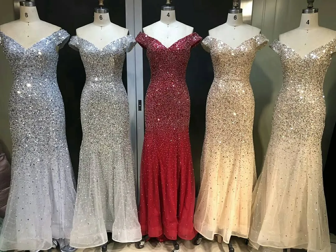 Shining Tulle Off-the-shoulder Neckline Mermaid Evening Dresses PD238