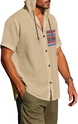 Short Sleeve Hoodies for Men Summer Linen Pattern T-Shirt with Pocket Lightweight Button Up Tops Casual Hawaiian Tees