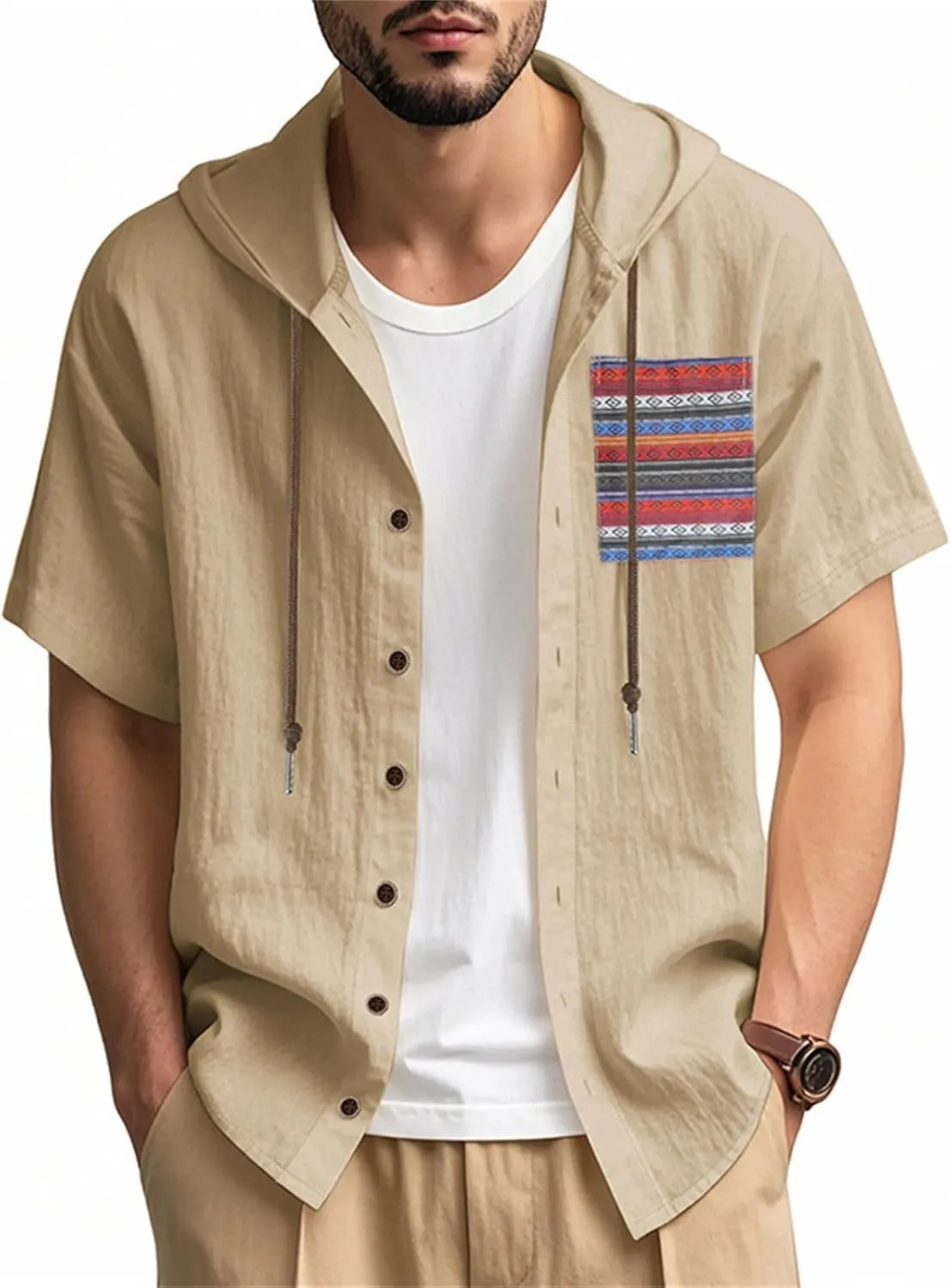 Short Sleeve Hoodies for Men Summer Linen Pattern T-Shirt with Pocket Lightweight Button Up Tops Casual Hawaiian Tees